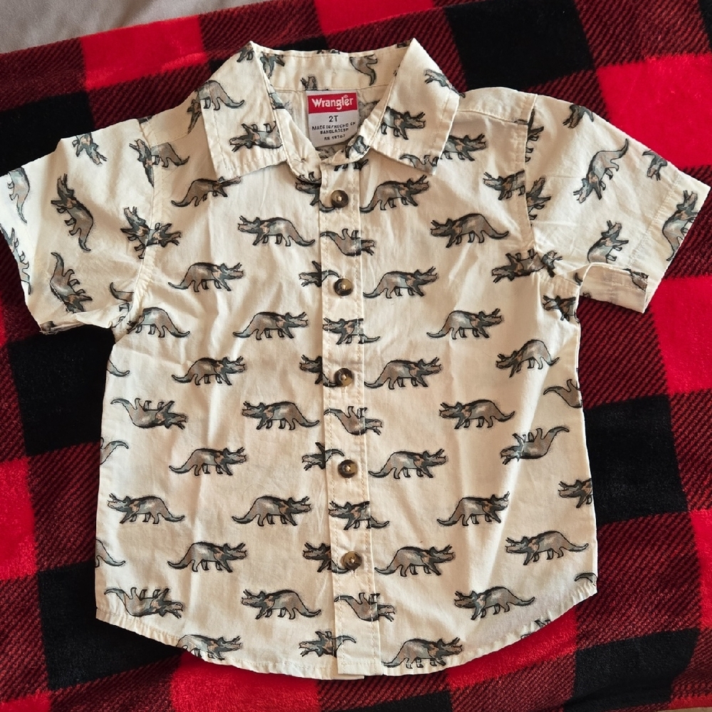 Wrangler Kids Triceratops Print Button Down Shirt - Cream